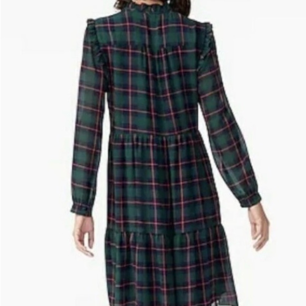 J. Crew Dark Green Plaid Tiered Long Sleeve Dress - Picture 4 of 16